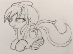 Size: 3810x2835 | Tagged: safe, artist:pieman24601, oc, oc only, oc:winter munchies, pegasus, pony, beanie, clothes, cute, hat, prone, sketch, socks, solo, stoner, striped socks, traditional art