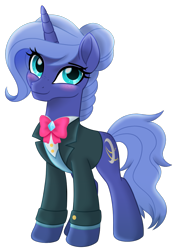 Size: 787x1108 | Tagged: safe, artist:prince-lionel, oc, oc:midnight starfall, pony, unicorn, blushing, bow, bowtie, clothes, movie accurate, not luna, simple background, solo, transparent background, tuxedo