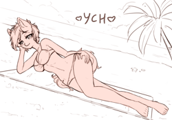Size: 3500x2432 | Tagged: safe, artist:kindpineapple, anthro, advertisement, beach, bikini, breasts, clothes, commission, female, looking at you, mare, palm tree, solo, swimsuit, tree, ych example, your character here