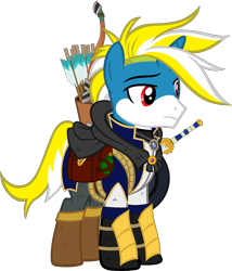 Size: 5477x6390 | Tagged: safe, artist:tales-fables, oc, oc:light raid, pony, unicorn, absurd resolution, arrow, bow (weapon), bow and arrow, clothes, male, quiver, saddle bag, simple background, solo, stallion, sword, transparent background, weapon