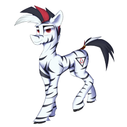 Size: 2000x2000 | Tagged: safe, artist:observerdoz, oc, oc:dominos, zebra, looking at you, raised leg, red eyes, simple background, tail wrap, unshorn fetlocks, zebra oc