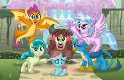 Size: 2000x1294 | Tagged: safe, artist:aleximusprime, gallus, ocellus, sandbar, silverstream, smolder, yona, changedling, changeling, classical hippogriff, dragon, earth pony, griffon, hippogriff, pony, yak, uprooted, cute, diaocelles, diastreamies, dragoness, female, gallabetes, male, sandabetes, smiling, smolderbetes, student six, teenager, yonadorable