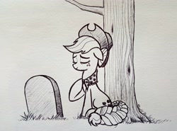 Size: 3583x2657 | Tagged: safe, artist:boogiesnar, derpibooru import, applejack, granny smith, earth pony, pony, the last problem, black and white, death, granny smith's scarf, grave, grayscale, inktober, monochrome, older, sad, tree