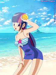 Size: 1117x1500 | Tagged: safe, artist:gonzalossj3, twilight sparkle, human, armpits, beach, clothes, cloud, dragon ball, dragon ball z, equestria girls outfit, female, humanized, ocean, sand, solo, style emulation, swimsuit