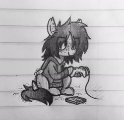 Size: 2048x1986 | Tagged: safe, artist:modocrisma, oc, oc only, oc:sobakasu, earth pony, pony, bow, cd case, clothes, controller, determined, doodle, freckles, hoodie, lined paper, male, monochrome, pencil drawing, photo, playstation, ponysona, sitting, solo, tail bow, teenager, tired, traditional art, video game, watermark