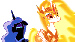 Size: 6000x3375 | Tagged: safe, alternate version, artist:sketchmcreations, daybreaker, nightmare moon, alicorn, pony, sparkle's seven, female, floppy ears, grumpy, looking at each other, mare, nightmare luna, pouting, simple background, transparent background, vector