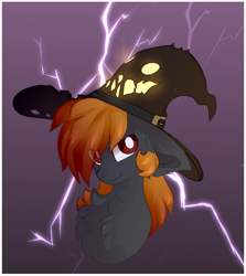 Size: 1104x1240 | Tagged: safe, artist:little-sketches, oc, pony, bust, chest fluff, hat, lightning, male, portrait, solo, stallion, team fortress 2, witch hat