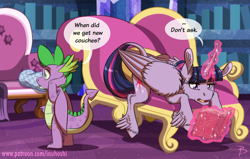 Size: 1800x1147 | Tagged: safe, artist:inuhoshi-to-darkpen, spike, twilight sparkle, twilight sparkle (alicorn), alicorn, dragon, pony, dragon dropped, ..., book, dialogue, duo, fainting couch, feathered fetlocks, female, glowing horn, horn, levitation, magic, magic aura, male, mare, open mouth, reading, sofa, speech bubble, telekinesis, twilight's castle, winged spike