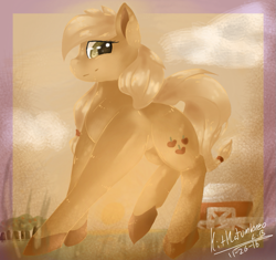 Size: 851x800 | Tagged: safe, artist:penpale-heart, derpibooru import, applejack, earth pony, pony, art trade, barn, female, hatless, mare, missing accessory, sidemouth, smiling, solo, sun