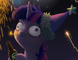 Size: 628x479 | Tagged: safe, artist:dalapony, twilight sparkle, pony, apple cider, bottle, cropped, drunk, drunk twilight, faic, fireworks, hat, matchstick, messy mane, new year, party hat