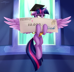 Size: 3000x2911 | Tagged: safe, artist:setharu, twilight sparkle, twilight sparkle (alicorn), alicorn, pony, the beginning of the end, check, daedric script, female, giant check, graduation cap, hat, scene interpretation, solo, the elder scrolls, trophy, twilight is not amused, unamused