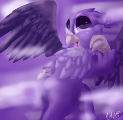 Size: 821x800 | Tagged: safe, artist:penpale-heart, gabby, griffon, eye reflection, female, flying, open mouth, reflection, solo, spread wings, wings