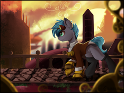 Size: 2984x2241 | Tagged: safe, artist:beardie, oc, oc only, oc:mercury, pony, airship, amputee, city, prosthetic leg, prosthetic limb, prosthetics, smoke, steampunk, walkway