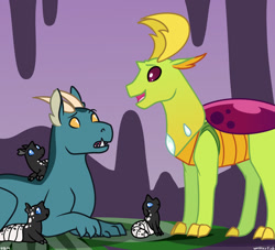 Size: 1280x1160 | Tagged: safe, artist:quincydragon, thorax, oc, oc:coxal, changedling, changeling, changeling larva, hybrid, dragonling, interspecies offspring, king thorax, magical gay spawn, offspring, parent:garble, parent:pharynx