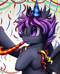 Size: 1446x1764 | Tagged: safe, artist:pridark, oc, oc:astral void, bat pony, pony, bat pony oc, bust, commission, confetti, cute, hat, male, ocbetes, party hat, portrait, smiling, solo