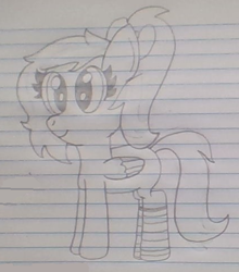 Size: 425x484 | Tagged: safe, artist:nightshadowmlp, oc, oc:circus paparazzi, pegasus, pony, clothes, female, hair bow, lined paper, mare, smiling, socks, solo, traditional art, wings