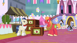 Size: 1366x768 | Tagged: safe, screencap, big macintosh, earl grey, lemon hearts, mochaccino, rare find, savoir fare, earth pony, pony, unicorn, the last problem, background pony, balloon, banner, bow, carpet, crate, duo focus, female, flag, male, mare, stallion, table, tent