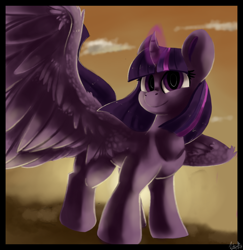 Size: 1280x1317 | Tagged: safe, artist:penpale-heart, twilight sparkle, twilight sparkle (alicorn), alicorn, pony, curved horn, dawn, female, glowing horn, horn, large wings, looking at you, mare, morning, smiling, solo, spread wings, wings