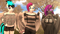 Size: 3840x2160 | Tagged: safe, artist:vision, oc, oc:midnight nova, oc:tropical veronica, oc:vision, anthro, bat pony, pegasus, 3d, clothes, daytime, excited, forest, glasses, grass, group photo, happy, smiling, source filmmaker, sun, tree