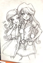 Size: 1410x2048 | Tagged: safe, artist:babtyu, applejack, rarity, equestria girls, cute, duo, female, hand on hip, jackabetes, raribetes, traditional art