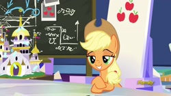 Size: 1920x1080 | Tagged: safe, derpibooru import, screencap, applejack, earth pony, pony, sparkle's seven, chalkboard, friendship throne, solo