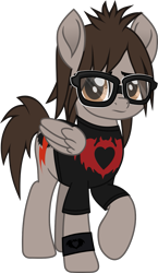 Size: 709x1220 | Tagged: safe, artist:lightningbolt, derpibooru exclusive, pegasus, pony, .svg available, clandestine industries, clothes, folded wings, glasses, lidded eyes, looking at you, male, mikey way, movie accurate, my chemical romance, ponified, raised hoof, shirt, simple background, solo, stallion, svg, t-shirt, transparent background, vector, wings, wristband