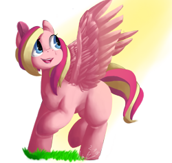 Size: 1280x1211 | Tagged: safe, artist:penpale-heart, oc, oc only, oc:rose marsh, pegasus, pony, blank flank, crepuscular rays, female, grass, looking back, mare, open mouth, raised hoof, simple background, smiling, solo, spread wings, transparent background, two toned mane, wings