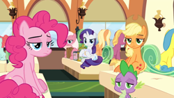 Size: 1366x768 | Tagged: safe, derpibooru import, screencap, applejack, lemon hearts, pinkie pie, rarity, earth pony, pony, unicorn, the last problem, box, cage, curtains, glass, lamp, looking at you, really?, seat, unamused, window