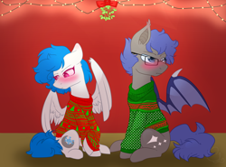 Size: 1550x1150 | Tagged: safe, artist:moonflake, oc, oc:moonflake, oc:north star, bat pony, pegasus, pony, blushing, christmas, christmas lights, holiday, mistletoe, no source, oc x oc, shipping, ugly sweater