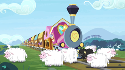 Size: 1366x768 | Tagged: safe, screencap, amethyst star, sparkler, pony, sheep, the last problem, conductor, friendship express, tracks, train, train tracks