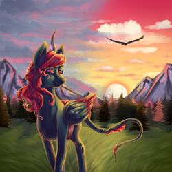 Size: 1350x1350 | Tagged: source needed, useless source url, safe, oc, oc only, oc:king phoenix embers, changeling, dracony, dragon, hybrid, pony, pretty, red changeling, sunset, walk, ych result