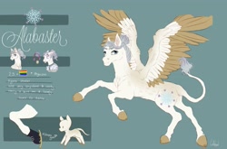 Size: 3537x2335 | Tagged: safe, artist:lullabyess, oc, oc:alabaster, pegasus, pony, cloven hooves, colored hooves, colored wings, colored wingtips, ice skates, leonine tail, male, medal, rearing, reference sheet, stallion, wings