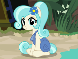 Size: 2548x1948 | Tagged: safe, artist:badumsquish, derpibooru exclusive, coco pommel, earth pony, pony, beach, clothes, coco bandicoot, cocobetes, cosplay, costume, coveralls, crash bandicoot, cute, female, flower, flower in hair, looking at you, namesake, pun, reference, show accurate, sitting, smiling, solo, tropical