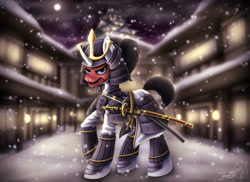 Size: 1024x747 | Tagged: safe, artist:hoodiefoxy, oc, oc only, oc:shiro reisu, pony, unicorn, armor, badass, japanese, katana, samurai, scenery, sword, weapon