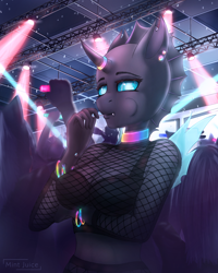 Size: 2500x3128 | Tagged: safe, artist:mintjuice, oc, oc only, oc:trill, anthro, changeling, anthro oc, bedroom eyes, bikini, bikini top, breasts, candy, changeling oc, choker, cleavage, clothes, crowd, ear piercing, female, food, glow rings, horn ring, lollipop, looking at you, mare, mesh, party, piercing, rave, ring, solo focus, spotlight, swimsuit, wings, ych result