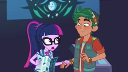 Size: 1279x720 | Tagged: safe, screencap, sci-twi, timber spruce, twilight sparkle, better together, equestria girls, star crossed, blushing, female, geode of telekinesis, glasses, holding hands, magical geodes, male, nervous, ponytail, shipping, straight, timbertwi