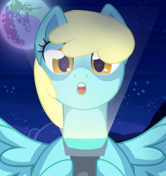 Size: 2832x3000 | Tagged: safe, artist:kim0508, sassaflash, pegasus, pony, background pony, female, flashlight (object), full moon, mare, mare in the moon, moon, night, night sky, sky, solo, spread wings, wings, ych result