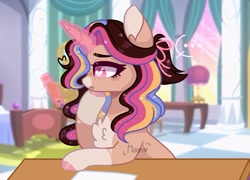 Size: 1053x759 | Tagged: safe, artist:moon-rose-rosie, oc, oc:melanie, pony, unicorn, art block, bed, chest fluff, desk, female, glowing horn, horn, lamp, magic, mare, multicolored hair, paper, pencil