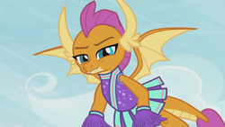 Size: 1920x1080 | Tagged: safe, screencap, smolder, dragon, 2 4 6 greaaat, cheerleader outfit, cheerleader smolder, clothes, dragoness, female, flying, pleated skirt, pom pom, skirt, solo