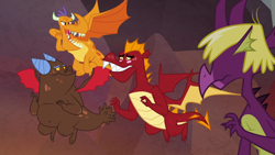 Size: 1280x720 | Tagged: safe, screencap, billy (dragon), fume, garble, spear (dragon), dragon, sweet and smoky, blushing, clump, flying, male, quartet, teenaged dragon