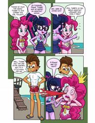 Size: 1976x2554 | Tagged: safe, artist:art-2u, pinkie pie, sci-twi, twilight sparkle, oc, oc:copper plume, comic:the copperpie chronicles, equestria girls, equestria girls series, beach, blood, canon x oc, clothes, comic, commission, commissioner:imperfectxiii, copperpie, dizzy, explosive nosebleed, feet, female, freckles, glasses, hand on hip, implied timber spruce, male, male feet, nosebleed, pointing, sandals, shipping, shirt, shorts, straight, swimsuit, water