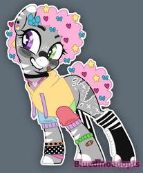 Size: 1252x1510 | Tagged: safe, artist:bluedinoadopts, oc, oc only, oc:alamasi, zebra, afro, bandaid, blue background, boots, bow, bracelet, choker, clothes, cute, ear piercing, earring, female, freckles, grin, hair bow, hairpin, heart, heterochromia, hoodie, jewelry, mismatched socks, piercing, shoes, simple background, smiling, snake bites, socks, solo, starry eyes, stars, striped socks, wingding eyes, wristband, zebra oc