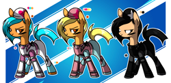 Size: 2052x1000 | Tagged: safe, artist:anyazen, oc, oc only, oc:dusty skully, oc:pastel skully, oc:shadow skully, earth pony, pony, armor, boots, clothes, female, fortnite, gloves, knife, makeup, mare, reference sheet, shoes, siblings, sisters