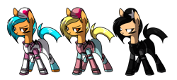 Size: 2188x1000 | Tagged: safe, alternate version, artist:anyazen, oc, oc only, oc:dusty skully, oc:pastel skully, oc:shadow skully, earth pony, pony, armor, boots, clothes, female, fortnite, gloves, knife, makeup, mare, shoes, siblings, simple background, sisters, transparent background