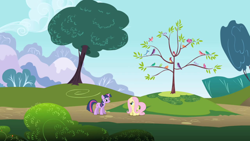 Size: 1280x720 | Tagged: safe, derpibooru import, screencap, constance, fluttershy, twilight sparkle, unicorn twilight, bird, blue jay, pegasus, pony, unicorn, friendship is magic, female, mare, songbird, tree