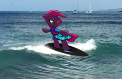 Size: 2322x1494 | Tagged: safe, artist:ejlightning007arts, tempest shadow, pony, unicorn, bipedal, broken horn, clothes, eye scar, hawaii, horn, irl, ocean, photo, ponies in real life, sail boat, sarong, scar, surfboard, surfing, swimsuit, wave