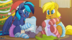 Size: 6200x3500 | Tagged: safe, artist:fluffyxai, oc, oc:cobalt runner, oc:kaity starheart, earth pony, pegasus, pony, abdl, christmas, clothes, decoration, diaper, diaper fetish, fetish, hat, hearth's warming, holiday, paper, present, santa hat, smiling, socks, striped socks, tree, wrapping paper