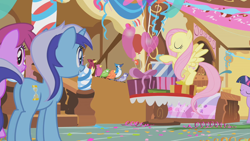 Size: 1280x720 | Tagged: safe, derpibooru import, screencap, berry punch, berryshine, constance, fluttershy, minuette, twilight sparkle, unicorn twilight, bird, blue jay, cardinal, earth pony, pegasus, pony, unicorn, griffon the brush off, background pony, balloon, confetti, eyes closed, female, flying, heart balloon, mare, plot, present, singing, songibird, sugarcube corner