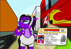 Size: 1705x1183 | Tagged: safe, artist:dianetgx, oc, oc only, oc:diane tgx, dragon, pony, background pony, clothes, driving license, euro truck simulator 2, glasses, indonesia, indonesian, police, truck, trucker