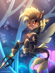 Size: 806x1080 | Tagged: safe, artist:redchetgreen, oc, oc only, seapony (g4), armor, bubble, fins, grin, looking at you, male, red eyes, slit eyes, smiling, solo, trident, underwater, water, weapon